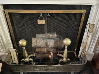 Antique Fireplace Set Includes Andirons, Brass Fender, Match Holder And Screen - 96