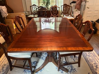 Mahogany Inlaid Double Pedestal Table With Brass Feet And Upholstered Chairs - 99