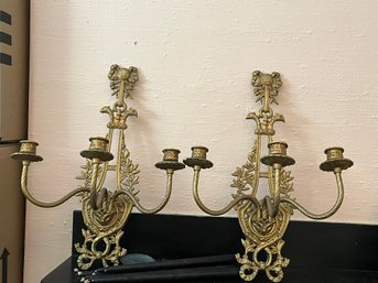 Two Gold Sconces With 6 Blueish Black Candles And 5 Glass Drip Dishes- 116
