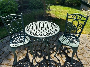 Green Wrought Iron Table And 2 Chairs - O1