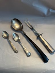 4 Piece Lot Includes Gorham Wooden Handle And Small Spoon, Cartier Spoon, Large Sterling Fork - 168