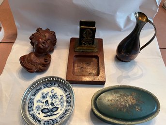 5 Piece Miscellaneous Lot With Marble Desk Accessory And Delft Wine Bottle Coaster - 166