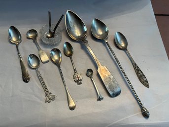 Assorted Silver And Silver Plate Lot Of 12: Unusual Spoons And Salt Server Dish - 171
