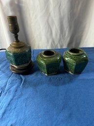 #22 Lot Of 3 Green Asian Influences Pottery & Lamp