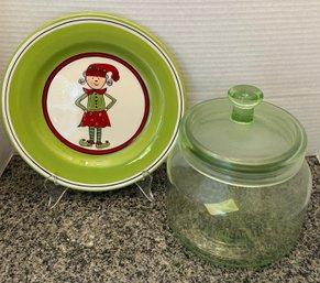 Green Glass Cookie Jar And Christmas Plate - K8