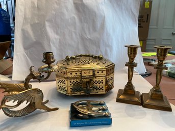 Decorative Brass Box, Dragon Candle Holder, Pair Of Brass Candle Sticks And Serving Holder - 179