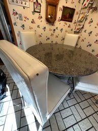 Round Solid Marble Pedestal Table With 4 Chrome And White Leather Chairs - K12