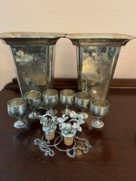 Two Silver-tone Vases, 6 Cordial Glasses 2 Wine Stoppers - 193