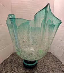 Enormous Murano Green Art Glass Sculptured Bowl 14 Inches Tall - K14