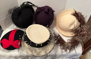5 Vintage Hats With Netting, Feathers, Etc- H9