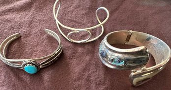 3 Pretty Sterling Silver Bracelets 2 Mexico- Mother Of Pearl & Turquoise, 1 Italy - J45