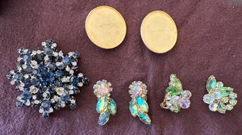 RLM Soho Clips, 2 Crystal Pairs And Large Brooch - J55