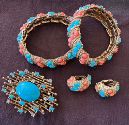 Pair Of Boucher Bracelets,  Ear Clips And Coordinating Pendant/brooch - J59