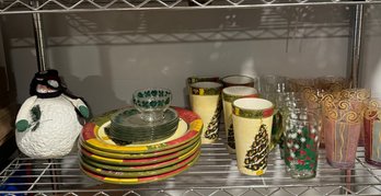 #942 Misc Christmas Lot (Dishes, Mugs, Glasses, Lights, Table Runners, Tray, Candlesticks)