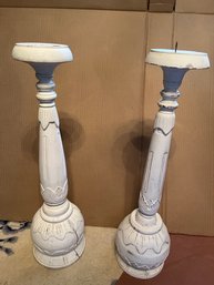 Two Wooden White Candle Stick Holders - R76