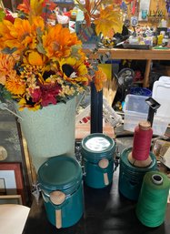 Autumnal Flowers In Vase/3 Green Canisters/green & Red Thread Lot