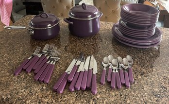 Gibson Purple Dish Lot - Plates, Bowls, Silverware & Vitrex Gourmet Bakeware