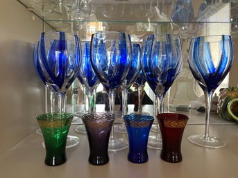 Cobalt Blue & Clear Stemmed Glasses With 4 Vintage Multicolored Shot Glasses - C8