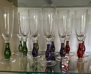 11 Red, Blue & Green Stemmed Glasses With Gold Accents - C13