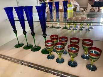 4 Cobalt Blue And Green Stemmed Champagne Flutes With 8 Coordinating Cordials Glasses - C14