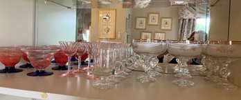 Barware Collection 21 Pcs: 6 Pink Depression Glasses, 6 W/ Handles, 6 Frosted W/gold, 6 Worange & Blue -C15