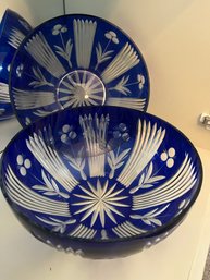 Pair Of Large Cobalt Blue Cut Glass Bowls 10 Inch Diameter - C19