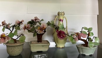 3 Vintage Glass Jade Bonsai Trees With Coordinating Vase - C29