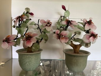 Pair Of Glass Jade Bonsai Plants In Pretty Mint Green Vases - C30