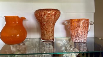 Tangerine Glass Pitcher And 2 Glass Vases - C32