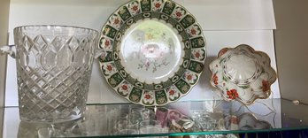 Large Green, White & Orange Bavaria Platter, Crystal Ice Bucket With Footed Candy Dish - C37