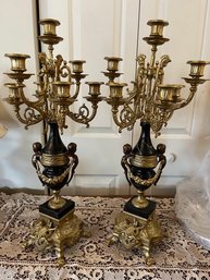 Magnificent Italian Antique Heavy Brass And Black Marble Figural 6 Arm Candelabras - F1