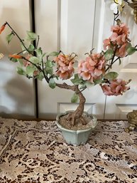 Tall Glass Jade Bonsai With Peach Colored Flowers 17 Inches Tall - F3