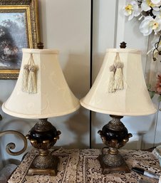 Pair Of Brown And Brushed Gold Tone Lamps Single Bulb 20 Inches Tall - F4