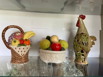 Colorful Fruit Basket Pitcher, Fruit Bowl And Ceramic Rooster - C39