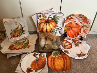 13 Piece Harvest Collection Of Assorted Decorative Fall Inspired Plates With Box Fall Pumpkins - L6