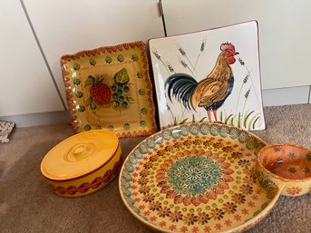 4 Harvest Entertaining Pieces- 2 Platters, 13 Inch Italian Chip And Dip And One Covered Dish - L7