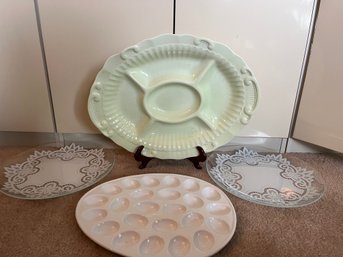 4 Piece Hostess Serving Platters - Lg Mint Green Dish Washer Safe, 24 Egg Dish, 2 Lace Doilly Platters - L14
