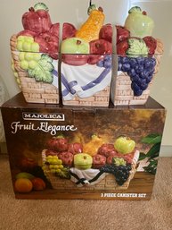 3 Piece Majolica Harvest Fruit Basket Canister Set In The Box - L18
