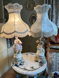 Two Vintage Porcelain Figural Lamps With Silk Shades Like New - L19