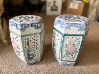 Pair Of Mini Porcelain Pink And Blue Garden Stools - L33