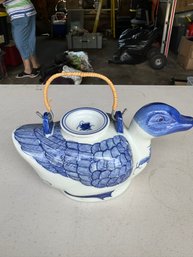 Vintage Porcelain Hand Painted Blue & White Duck Teapot