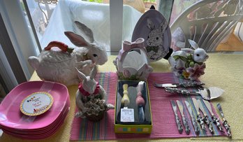 Lot Of Easter Decorations Includes Ceramic Bunnies And 2 Sets Of Pink Plates - L 53