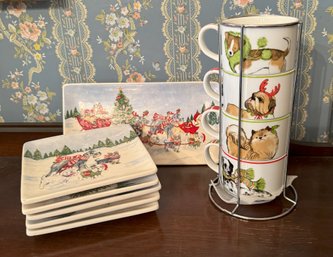 #467 Lot Of 15  Holly Hill & Pier 1 Dog Xmas And Glass Tumblers