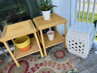 Set Of 2 Yellow Wicker Outdoor Tables And White Garden Seat Includes Plants And Pots As Pictured - P2