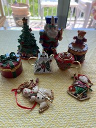 6 Christmas Trinket Boxes, 2 Ornaments, And 2 Cloisonn Teapots - L64