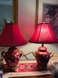 Pair Of Ceramic Lamps With Red Shades 21 Inches Tall - B2