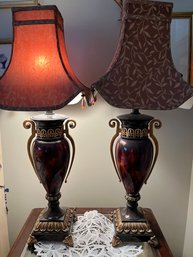 Pair Of  Heavy 34 Inch Tall Ceramic Lamps With Red Brocade - B3
