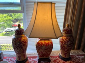 Ceramic 24 Inch Lamp, Two Coordinating Urns, And 92 ? Inch Table Runner - B4