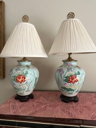 Two Matching Oriental Designed Ceramic ? 13 Inch Lamps - D1
