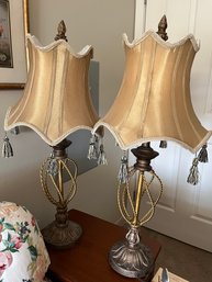 Two 23 Inch Tall Metal Decorative Roping Lamps With Gold Shades - D3